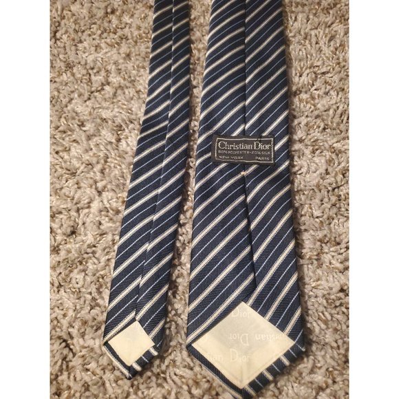 Christian Dior Vintage Navy Blue Stripe Polyester & Silk Blend Men’s Tie - Picture 3 of 7
